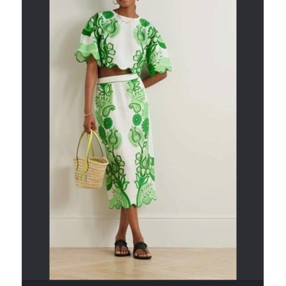 Farm Rio Green Floral Embroidered Linen Crop Top and Mini Skirt Set XXS